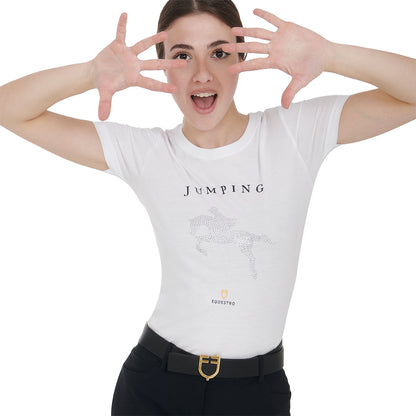 Camiseta mujer entallada diseño salto con strass Equestro - Blanco