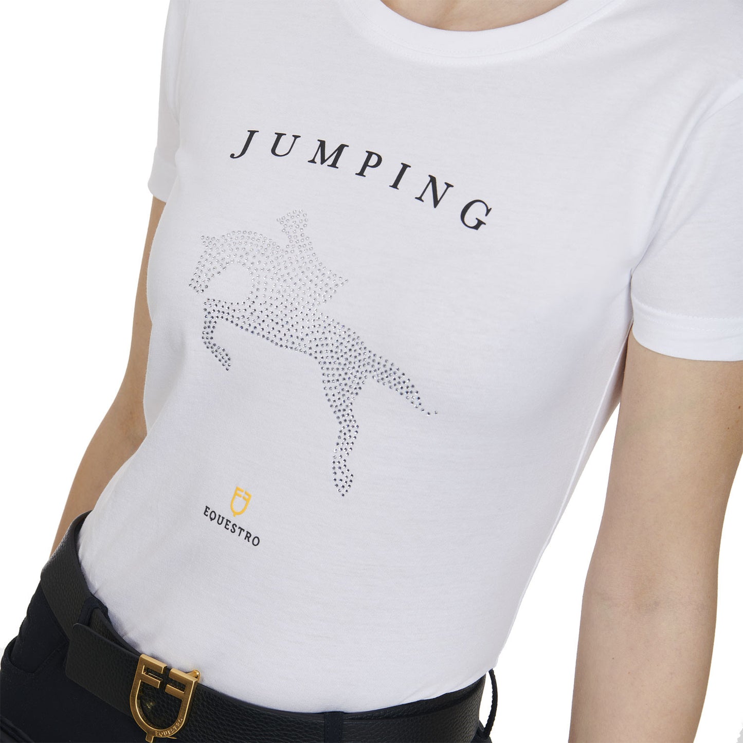 Camiseta mujer entallada diseño salto con strass Equestro - Blanco