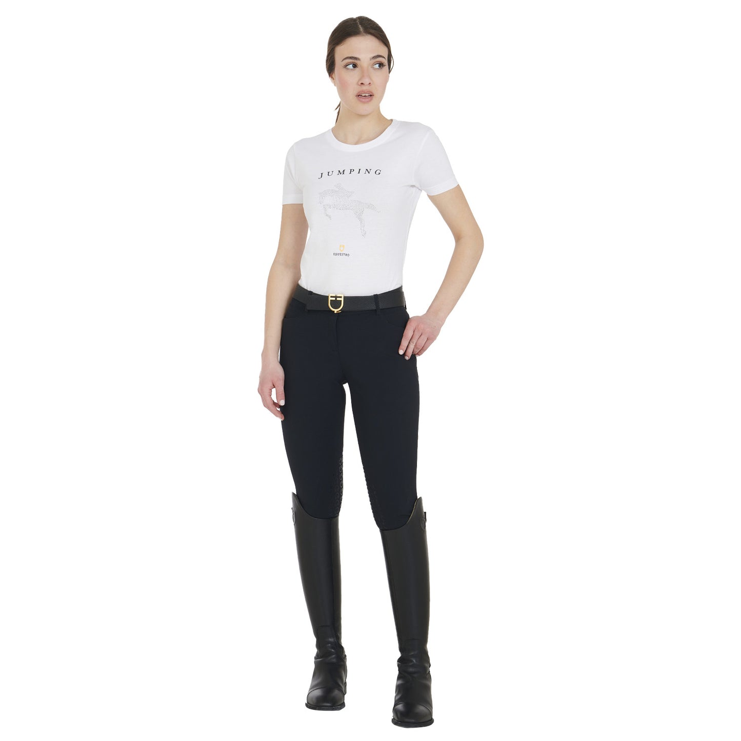 Camiseta mujer entallada diseño salto con strass Equestro - Blanco