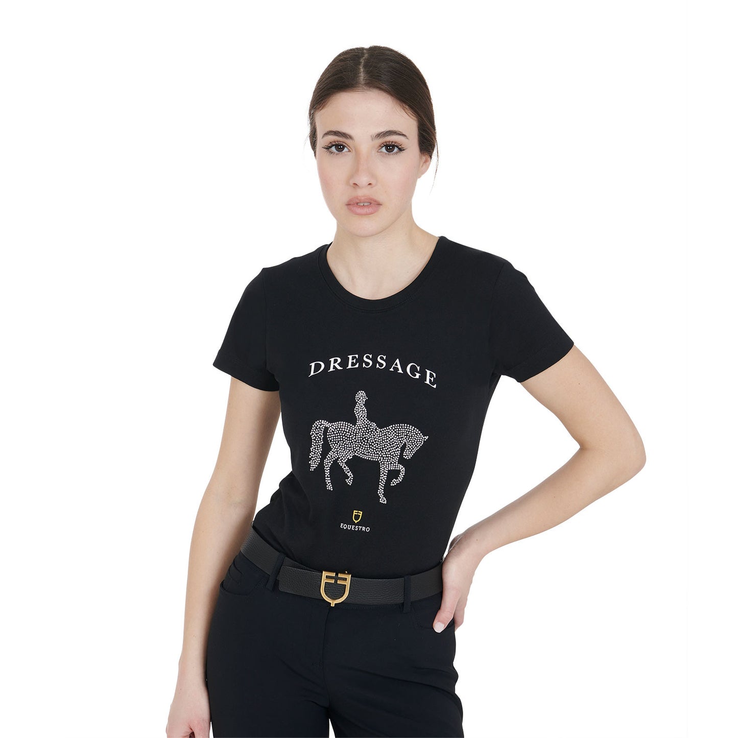 Camiseta de mujer entallada diseño dressage con strass Equestro - Negro