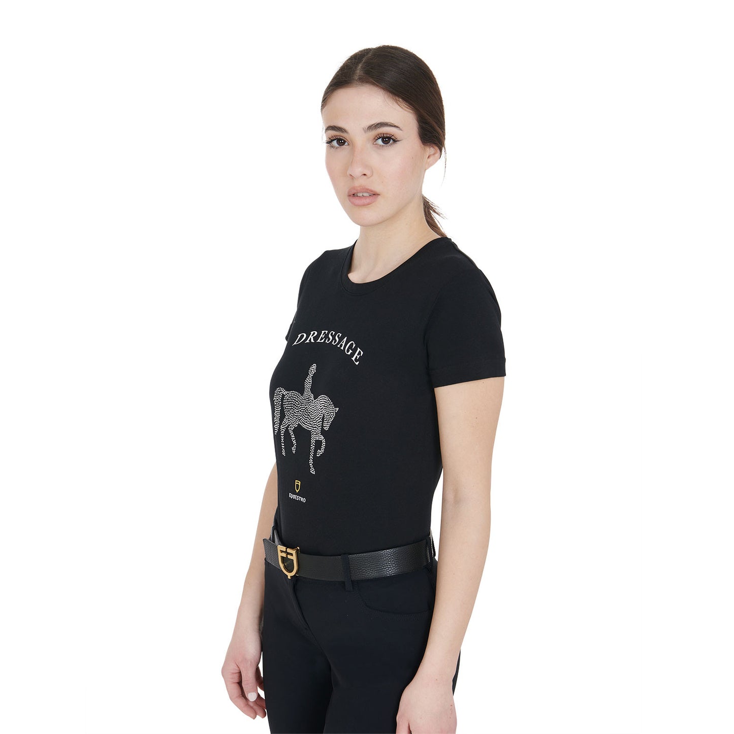 Camiseta de mujer entallada diseño dressage con strass Equestro - Negro