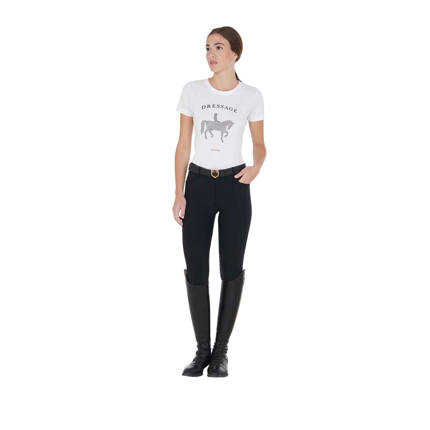Camiseta de mujer entallada diseño dressage con strass Equestro - Blanco