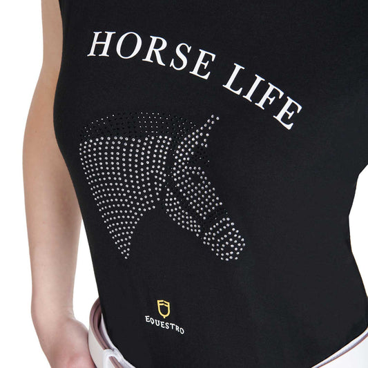 Camiseta mujer slim fit Horse Life con strass Equestro - Negro