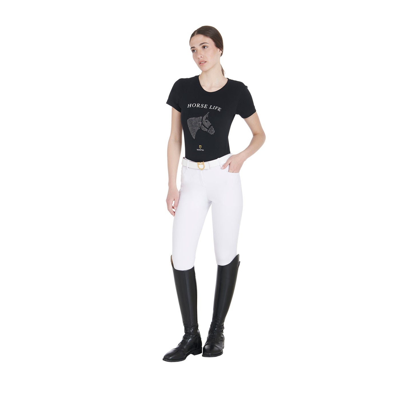 Camiseta mujer slim fit Horse Life con strass Equestro - Negro