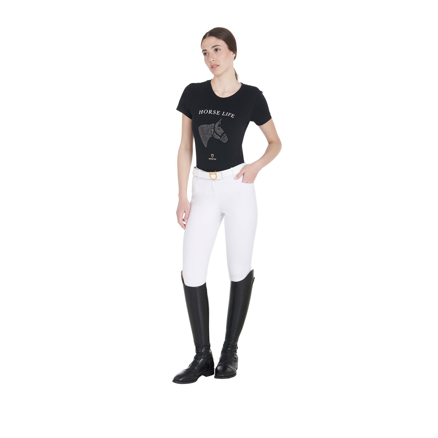 Camiseta mujer slim fit Horse Life con strass Equestro - Negro