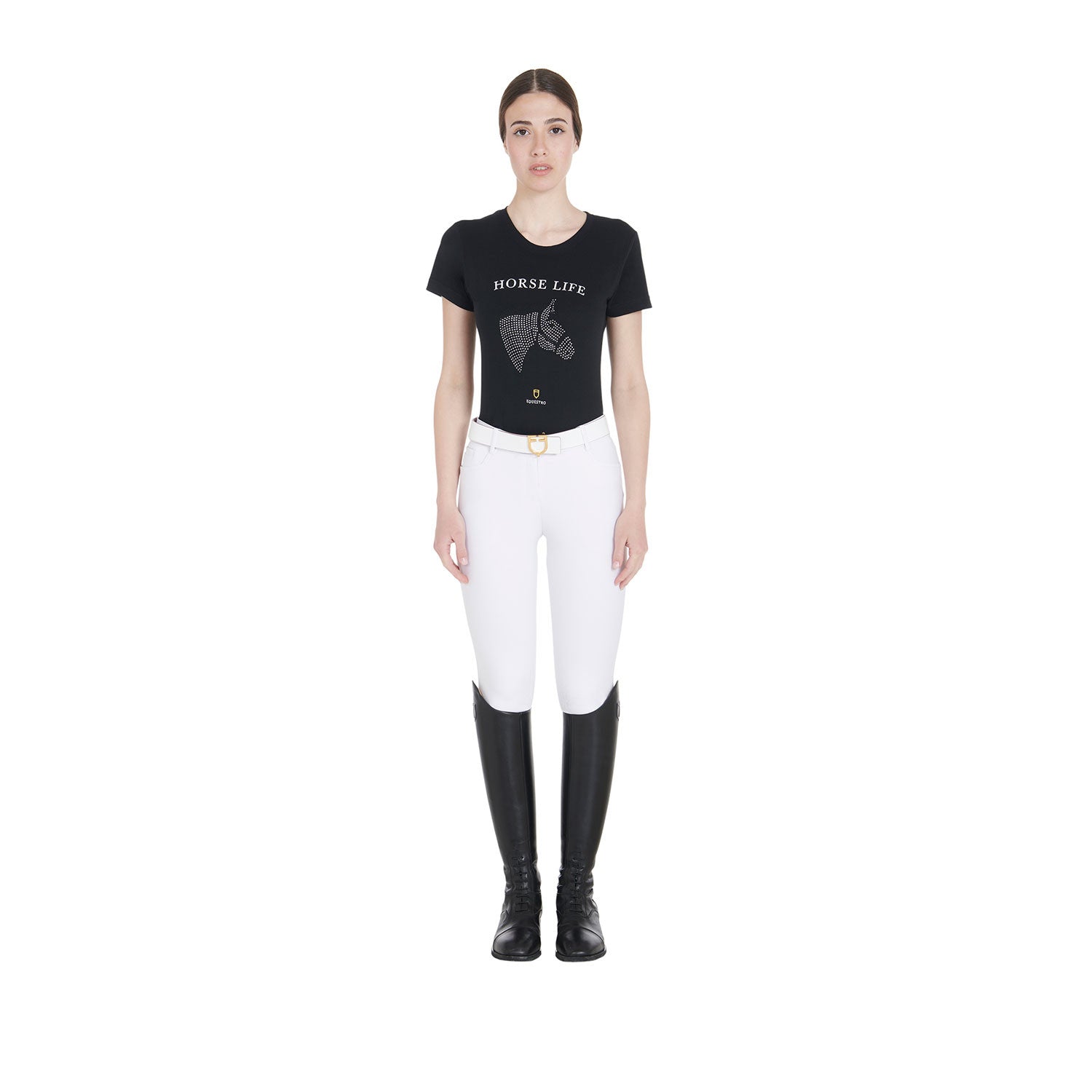 Camiseta mujer slim fit Horse Life con strass Equestro - Negro