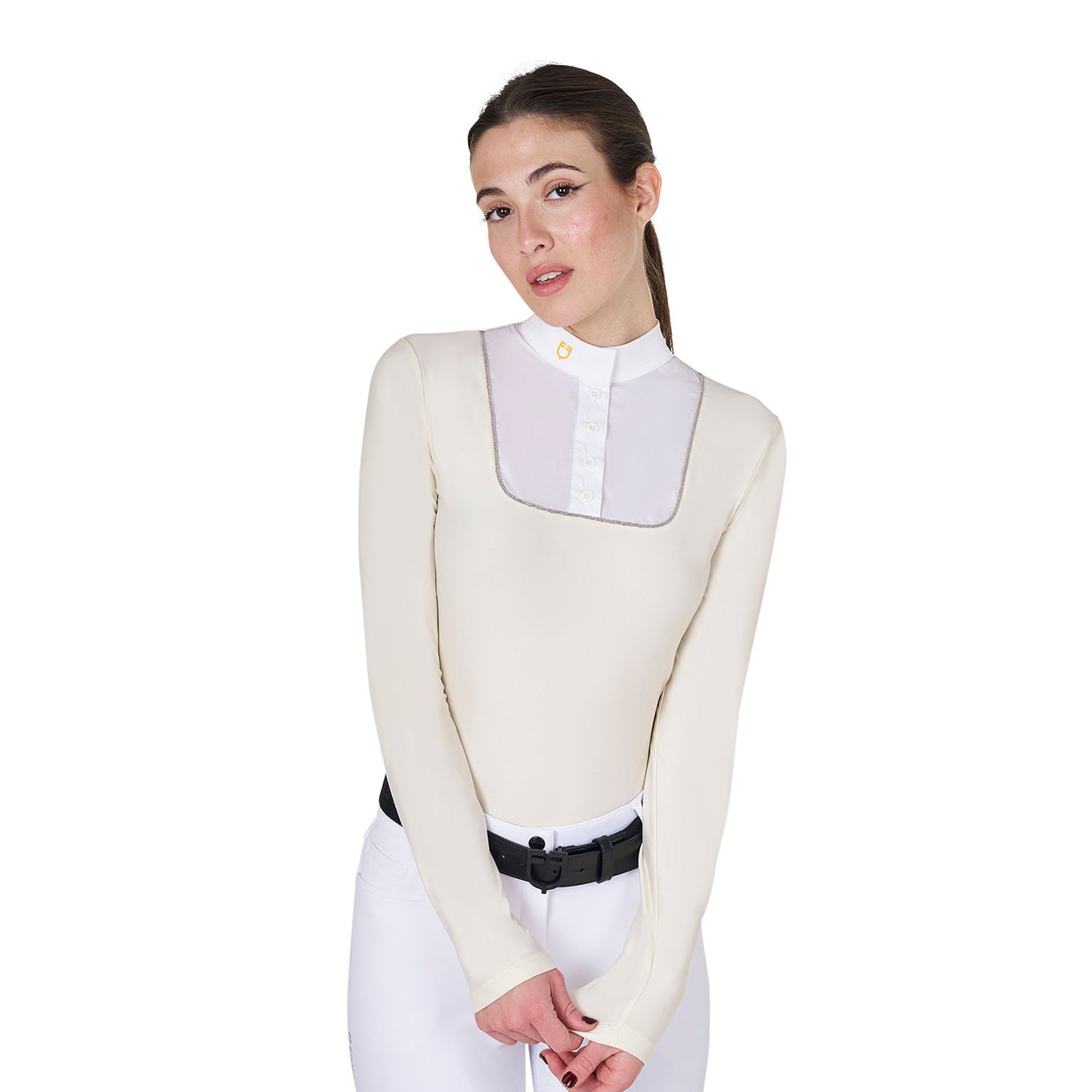 Polo de mujer entallado de concurso con botones Equestro - Antique White