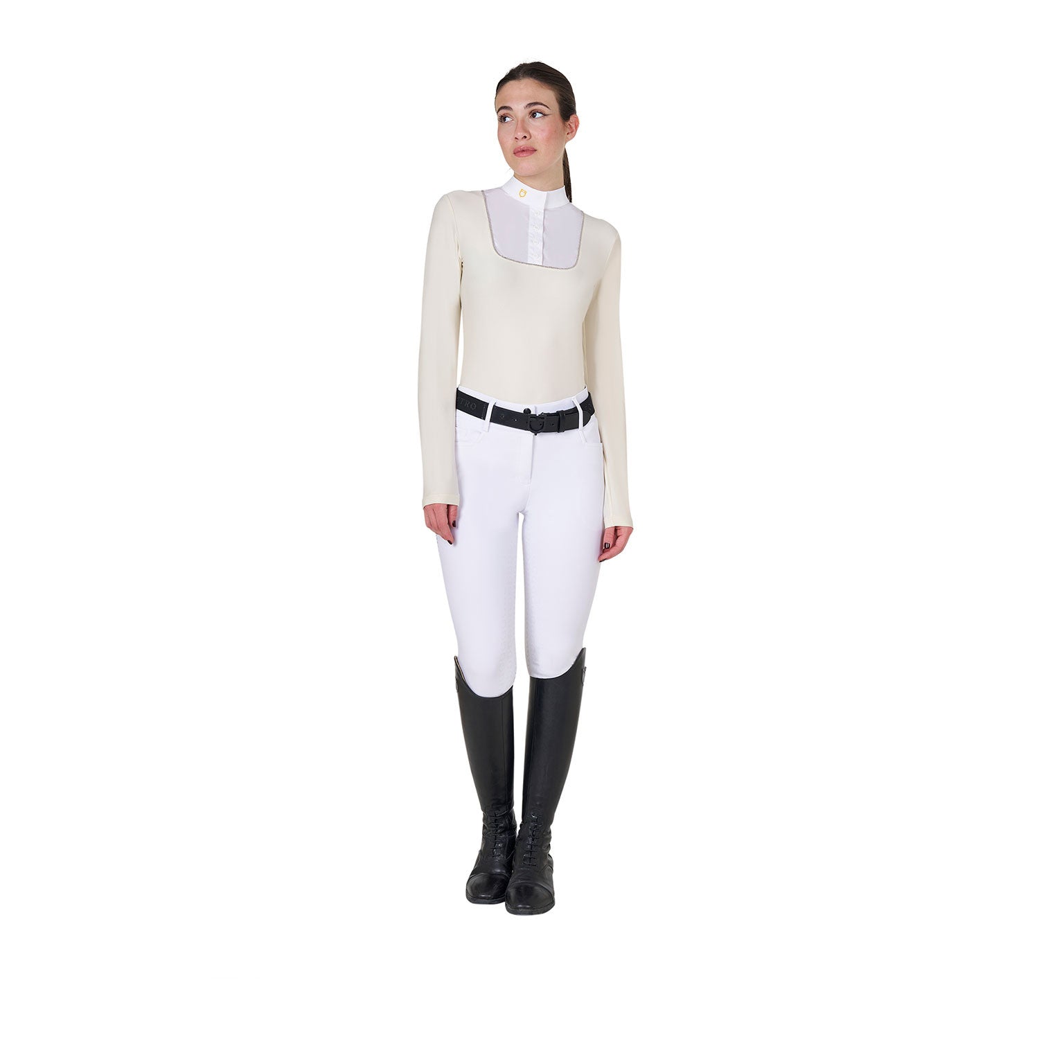 Polo de mujer entallado de concurso con botones Equestro - Antique White