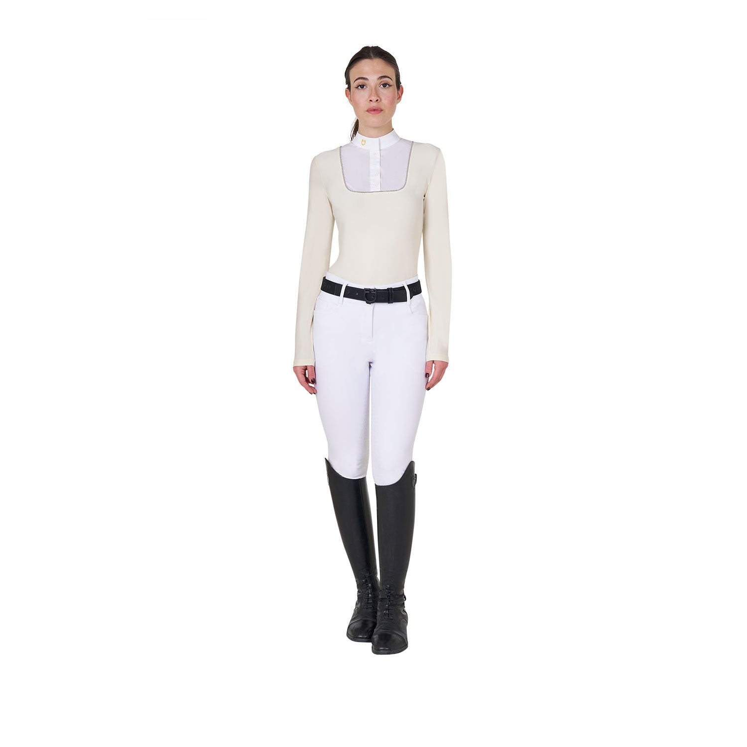 Polo de mujer entallado de concurso con botones Equestro - Antique White