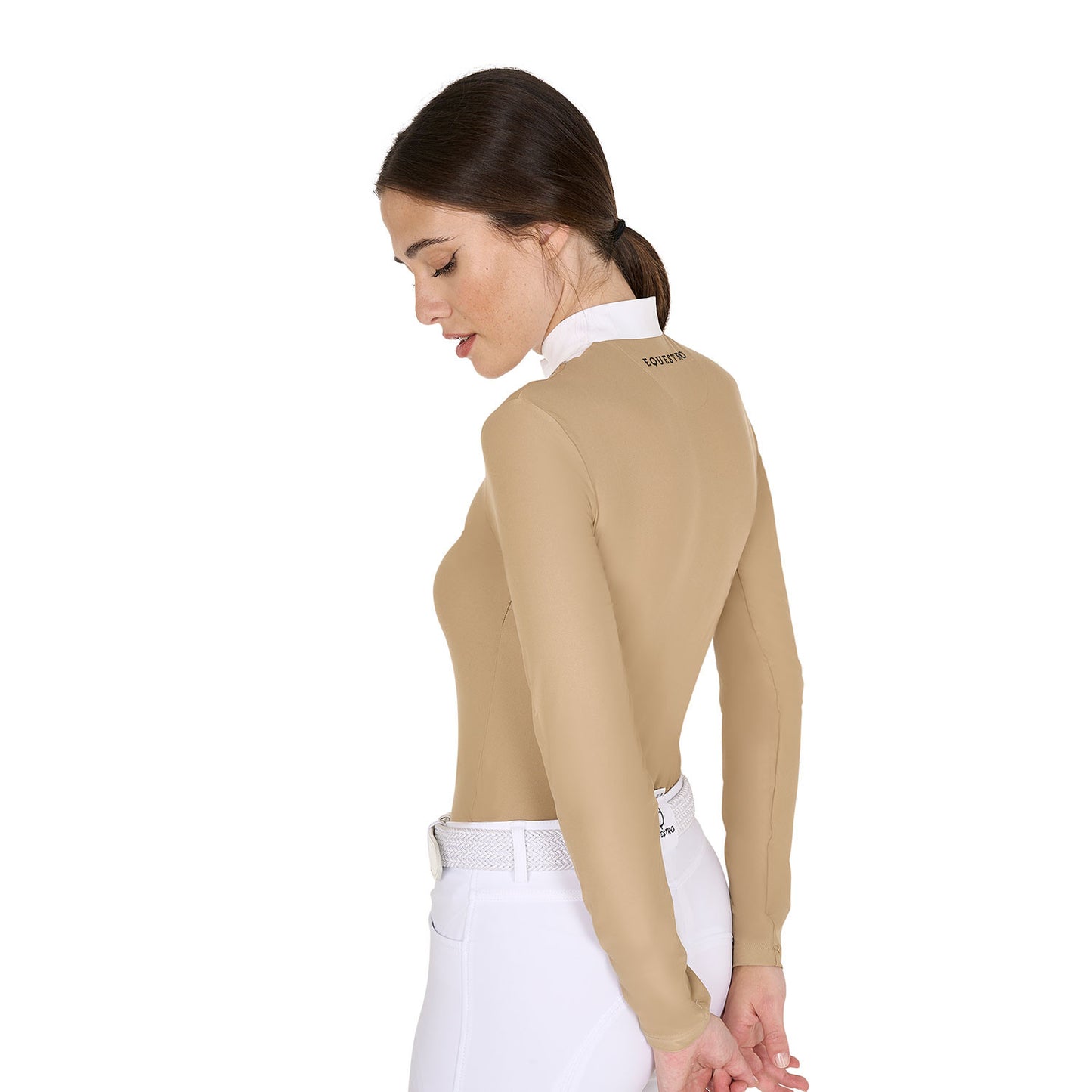 Polo de mujer entallado de concurso con botones Equestro - Beige