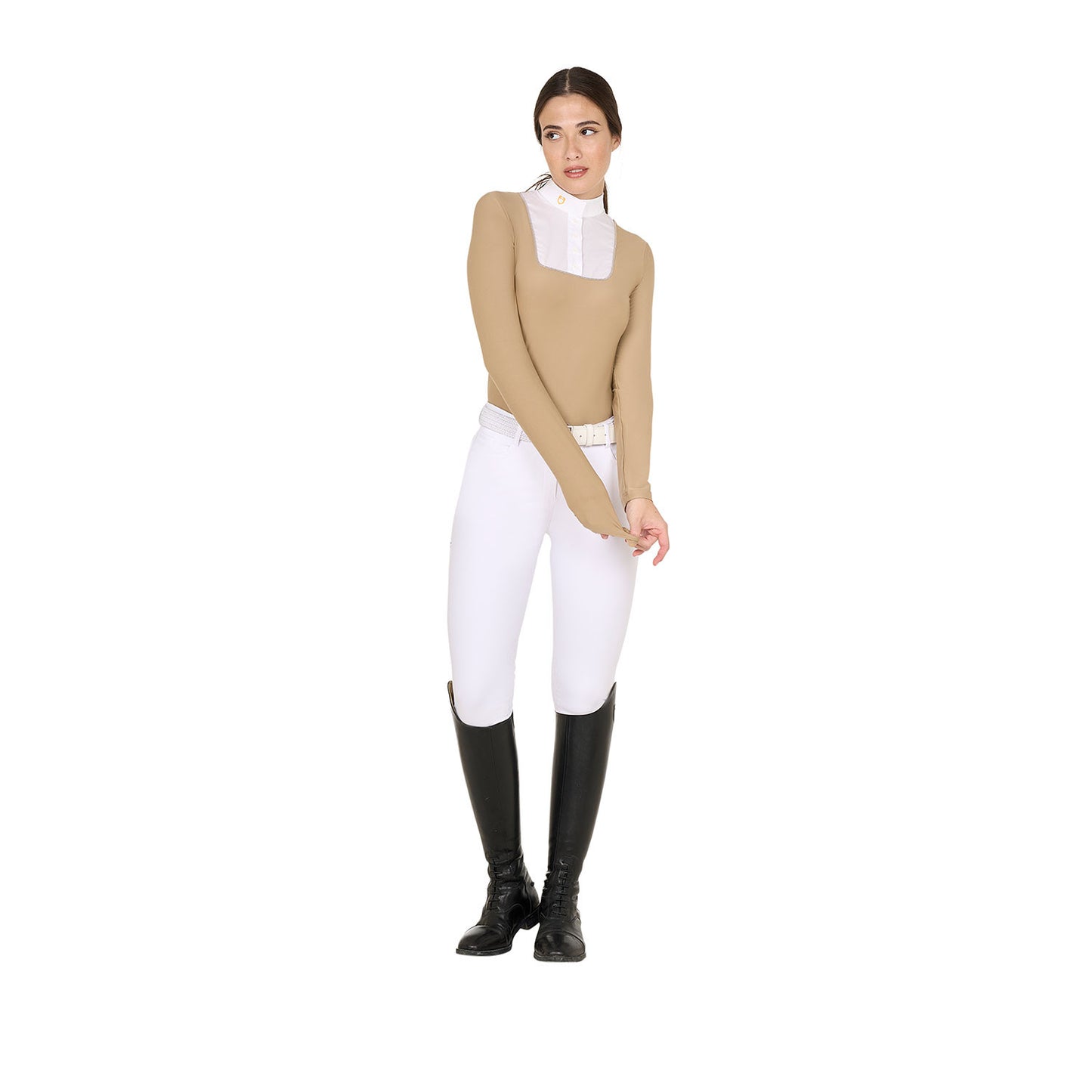 Polo de mujer entallado de concurso con botones Equestro - Beige