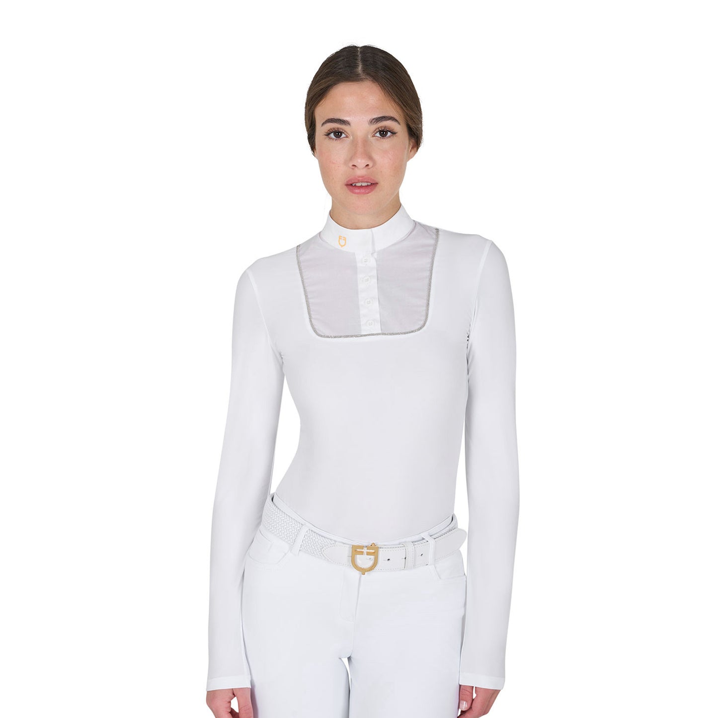 Polo de mujer entallado de concurso con botones Equestro - Blanco
