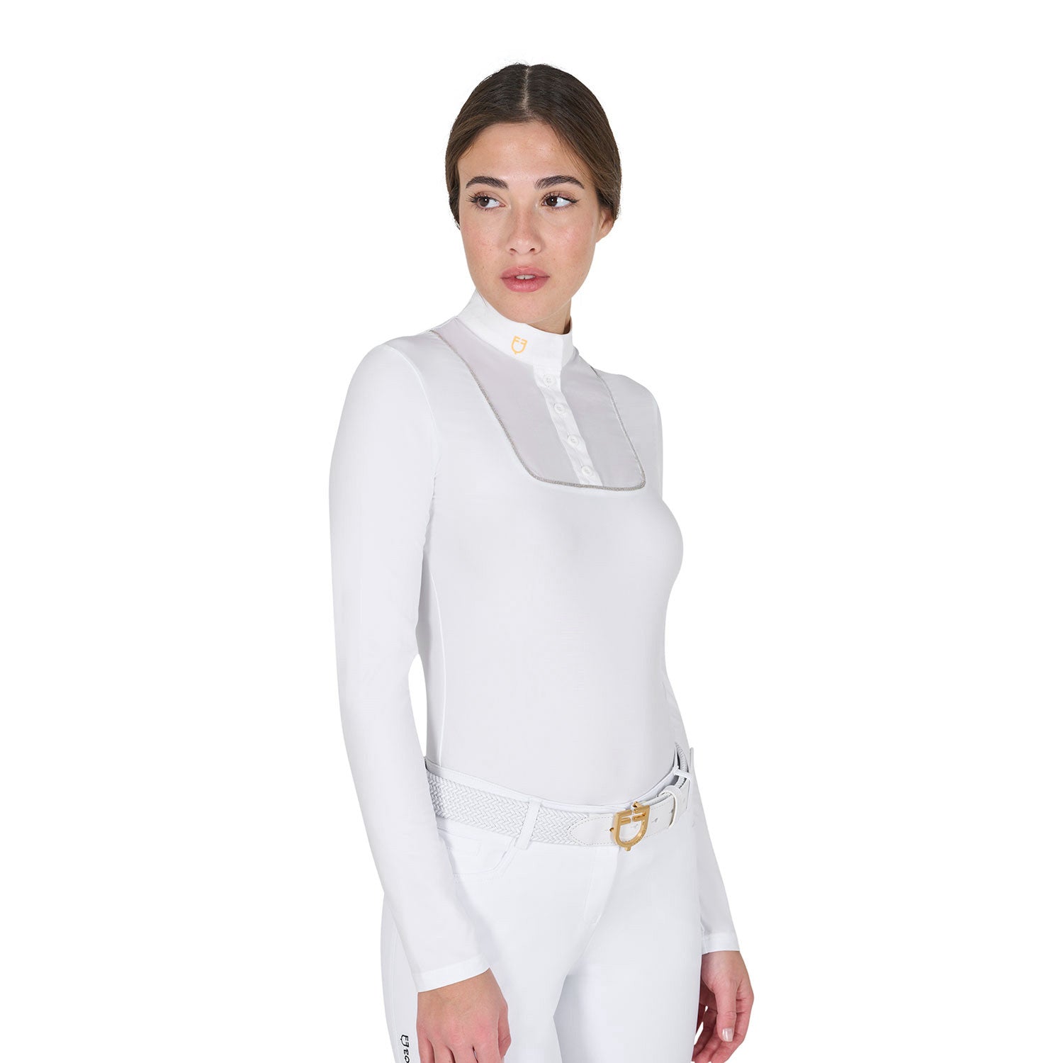 Polo de mujer entallado de concurso con botones Equestro - Blanco