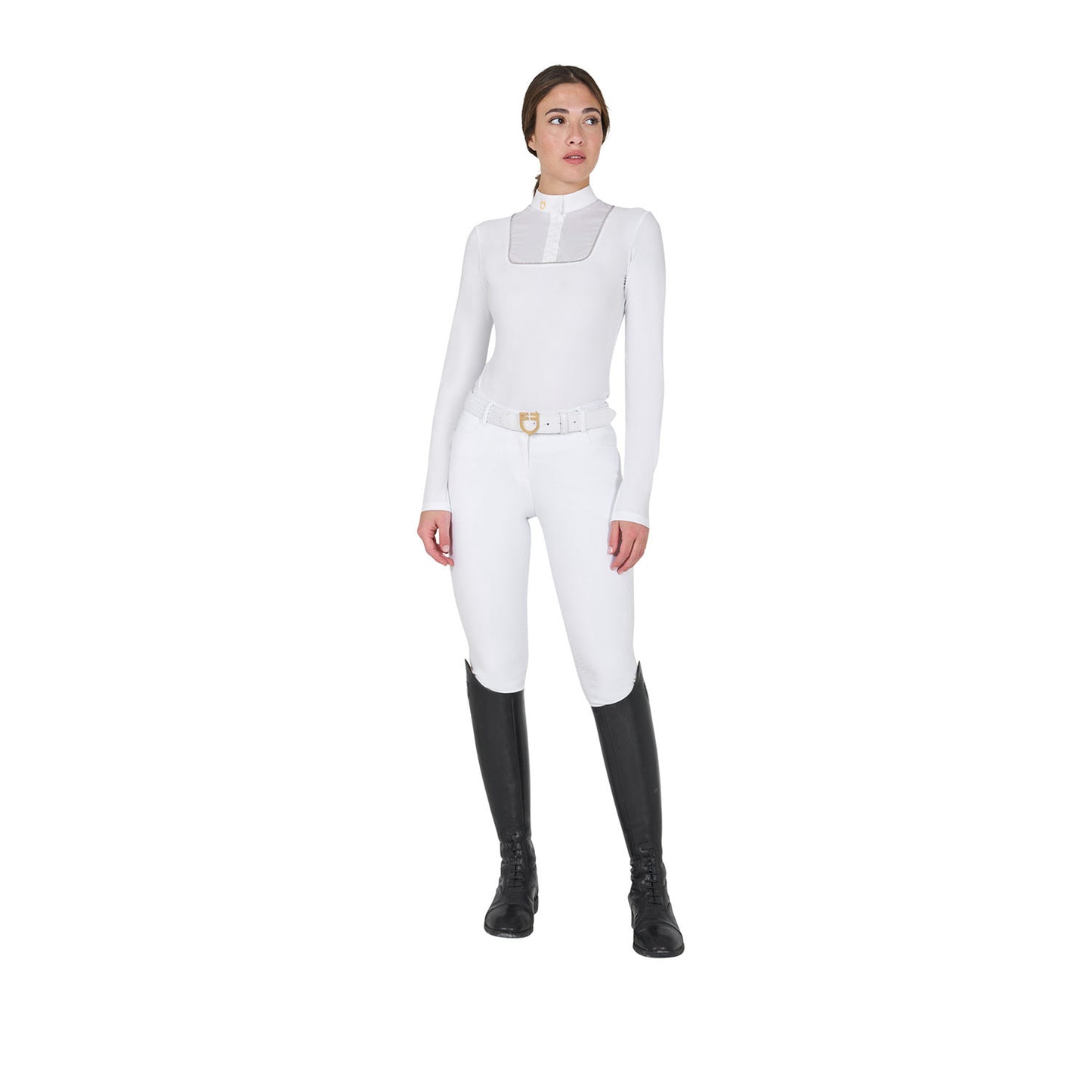 Polo de mujer entallado de concurso con botones Equestro - Blanco