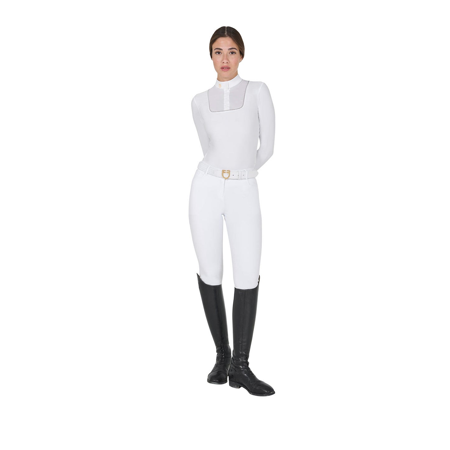 Polo de mujer entallado de concurso con botones Equestro - Blanco