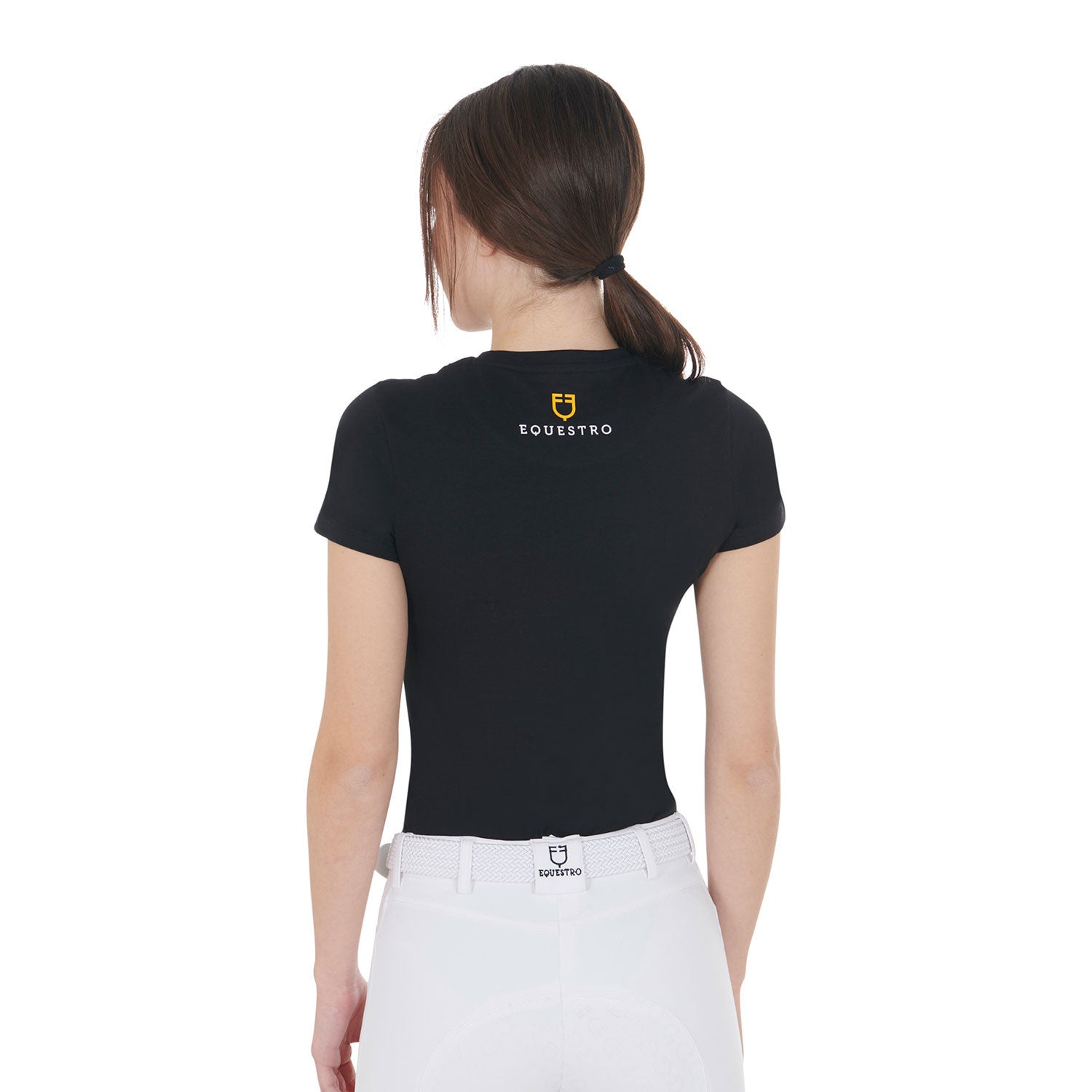 Camiseta mujer entallada logo de strass rosa Equestro - Negro
