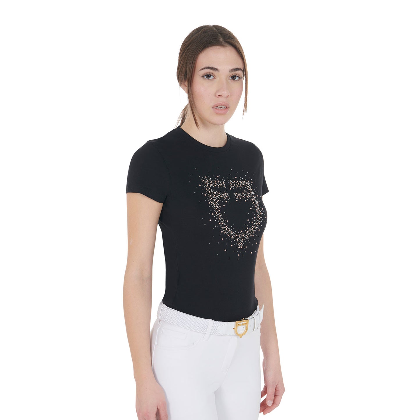Camiseta mujer entallada logo de strass rosa Equestro - Negro
