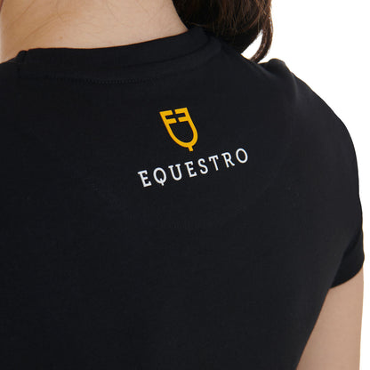 Camiseta mujer entallada logo de strass rosa Equestro - Negro