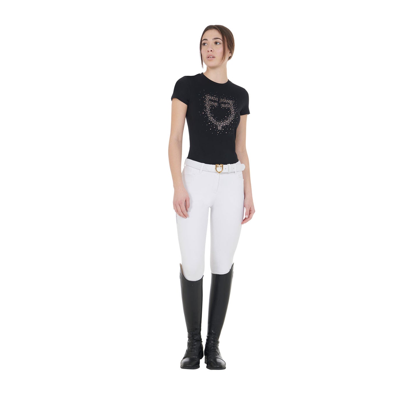 Camiseta mujer entallada logo de strass rosa Equestro - Negro