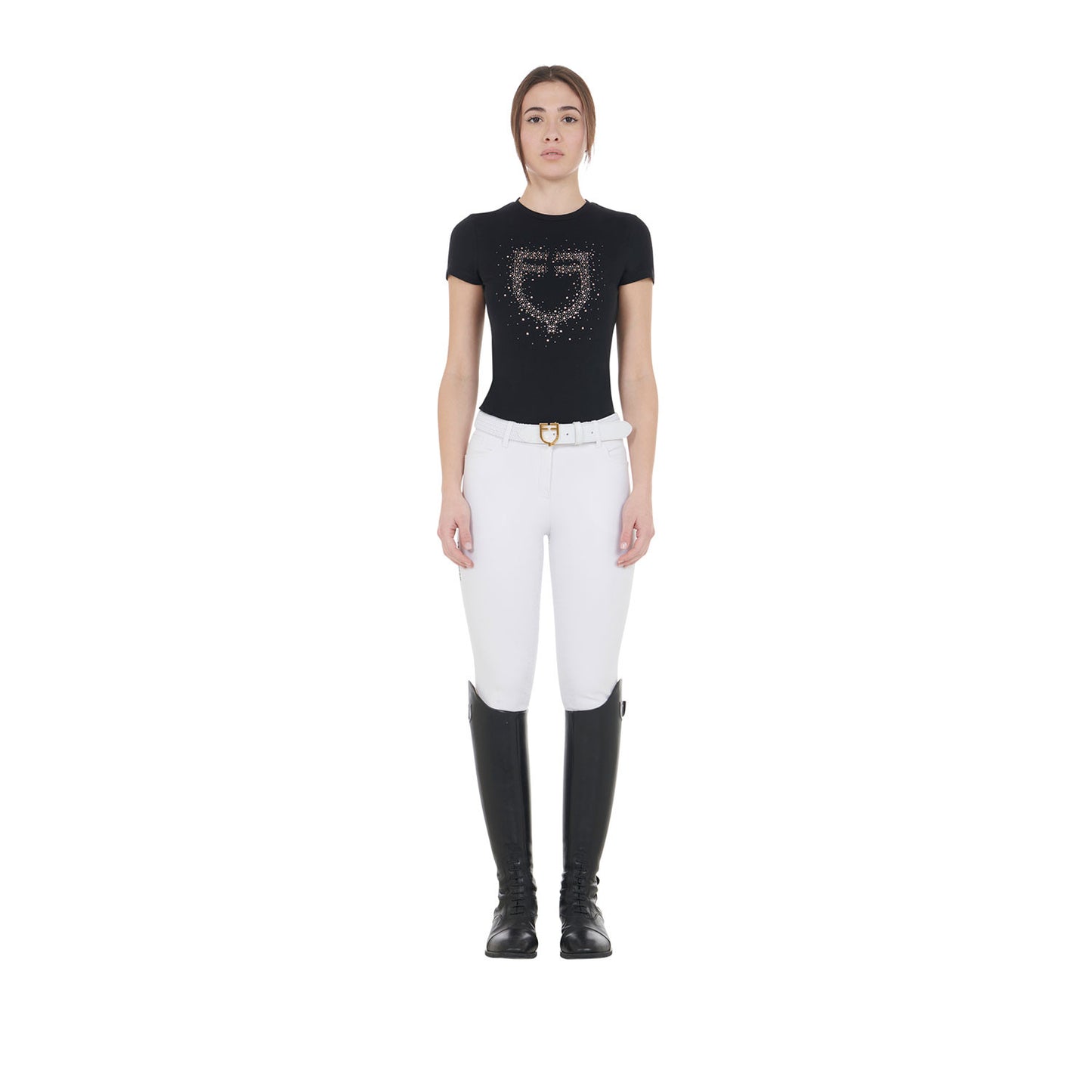 Camiseta mujer entallada logo de strass rosa Equestro - Negro