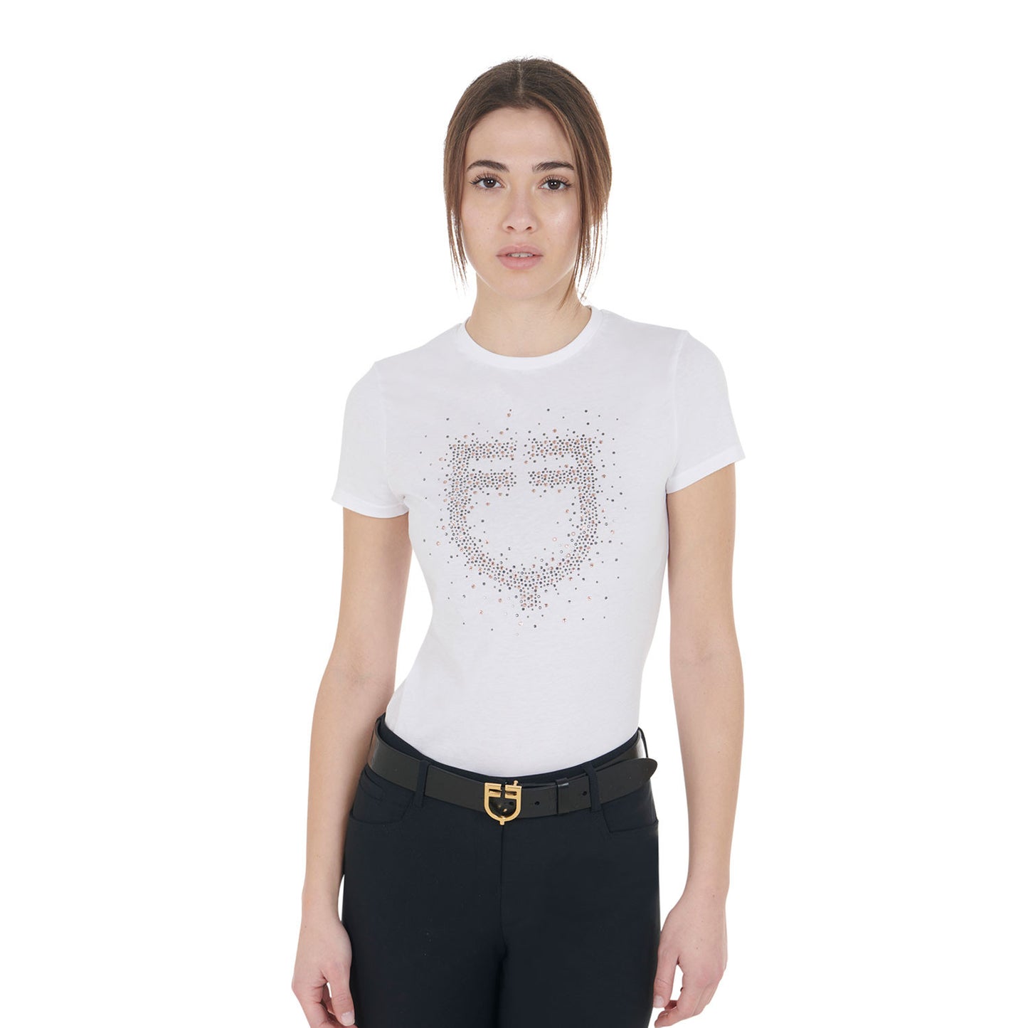 Camiseta mujer entallada logo de strass rosa Equestro - Blanco