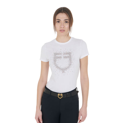 Camiseta mujer entallada logo de strass rosa Equestro - Blanco