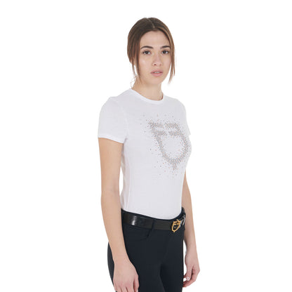 Camiseta mujer entallada logo de strass rosa Equestro - Blanco