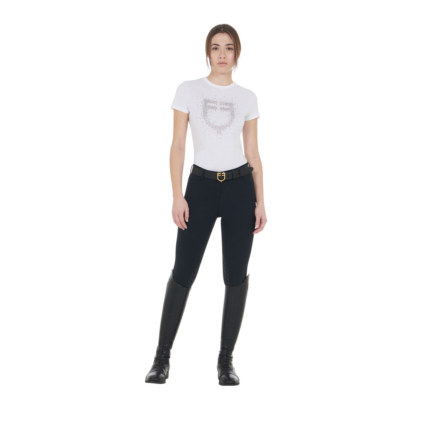 Camiseta mujer entallada logo de strass rosa Equestro - Blanco
