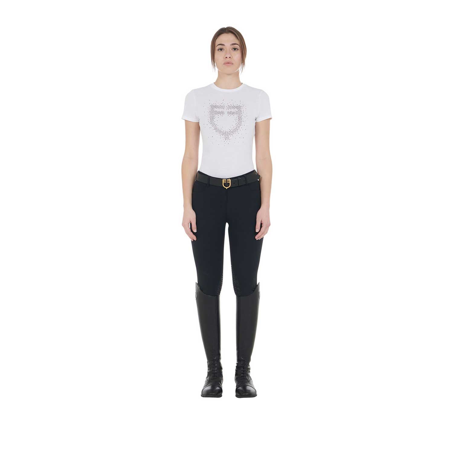 Camiseta mujer entallada logo de strass rosa Equestro - Blanco