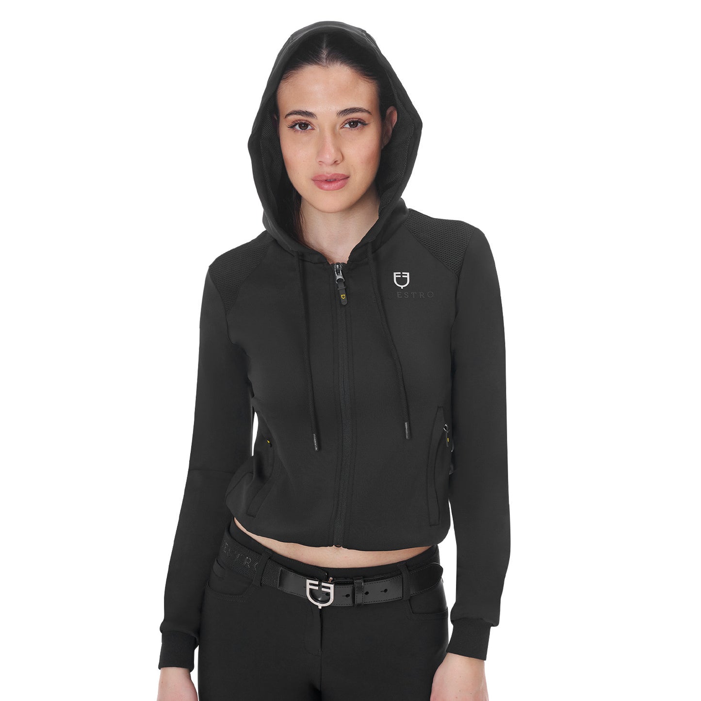 Sudadera corta de mujer con capucha Equestro - Negro