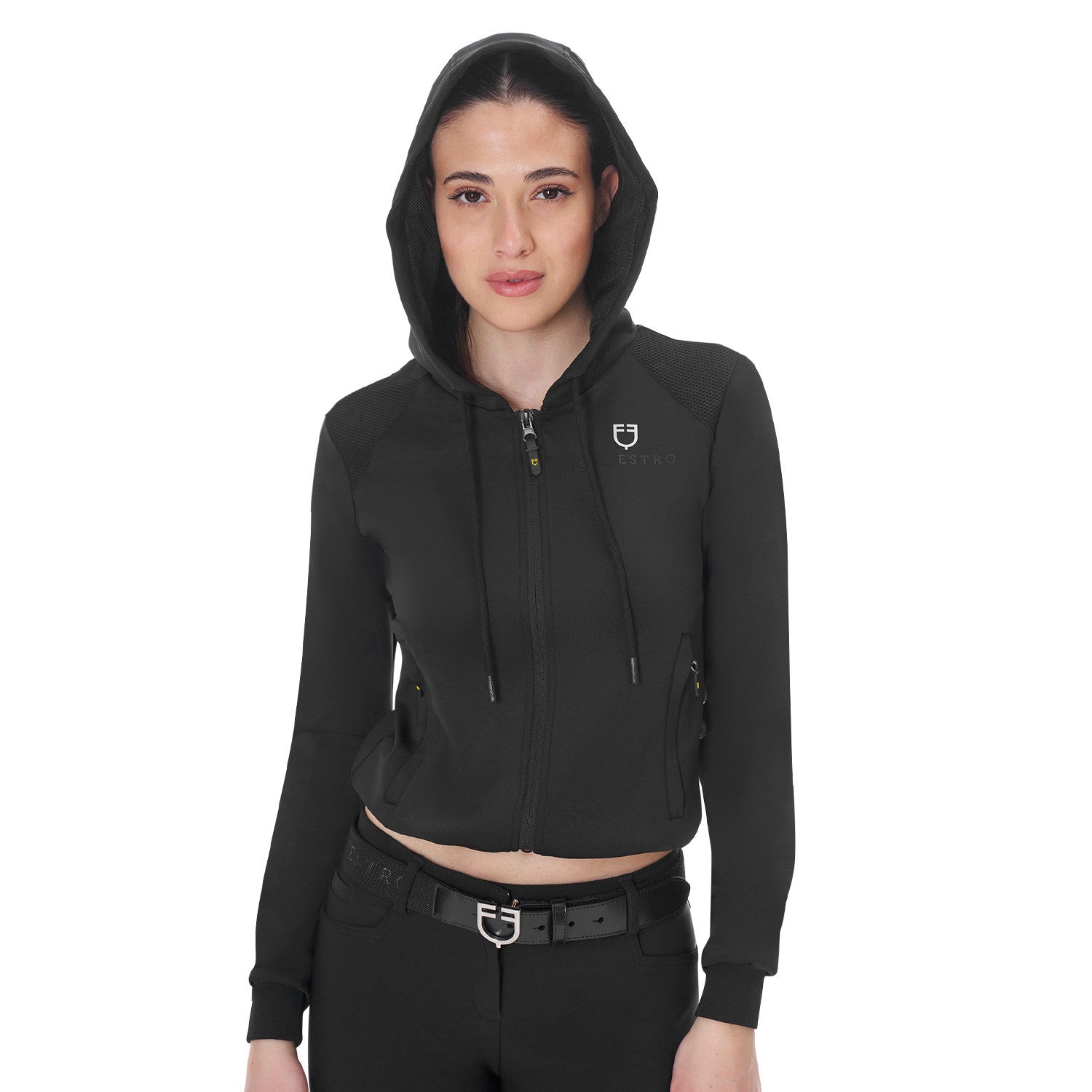 Sudadera corta de mujer con capucha Equestro - Negro