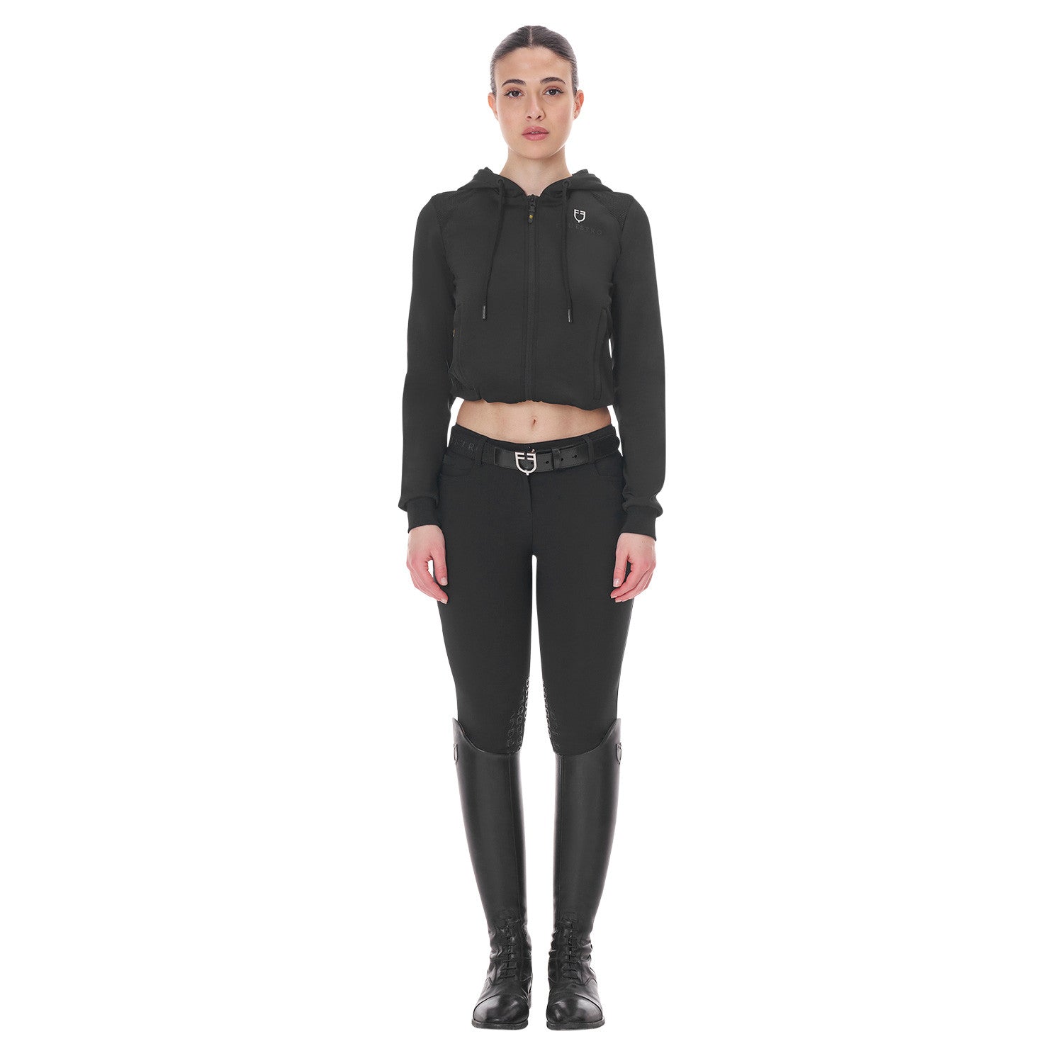 Sudadera corta de mujer con capucha Equestro - Negro