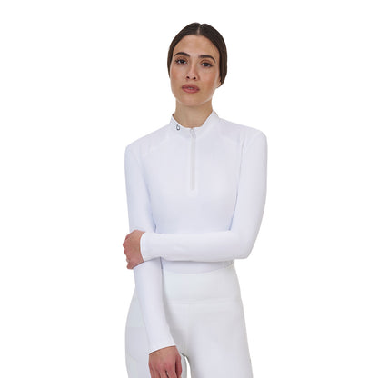 Polo concurso mujer Equestro Ridertechnology manga larga y cremallera - Blanco