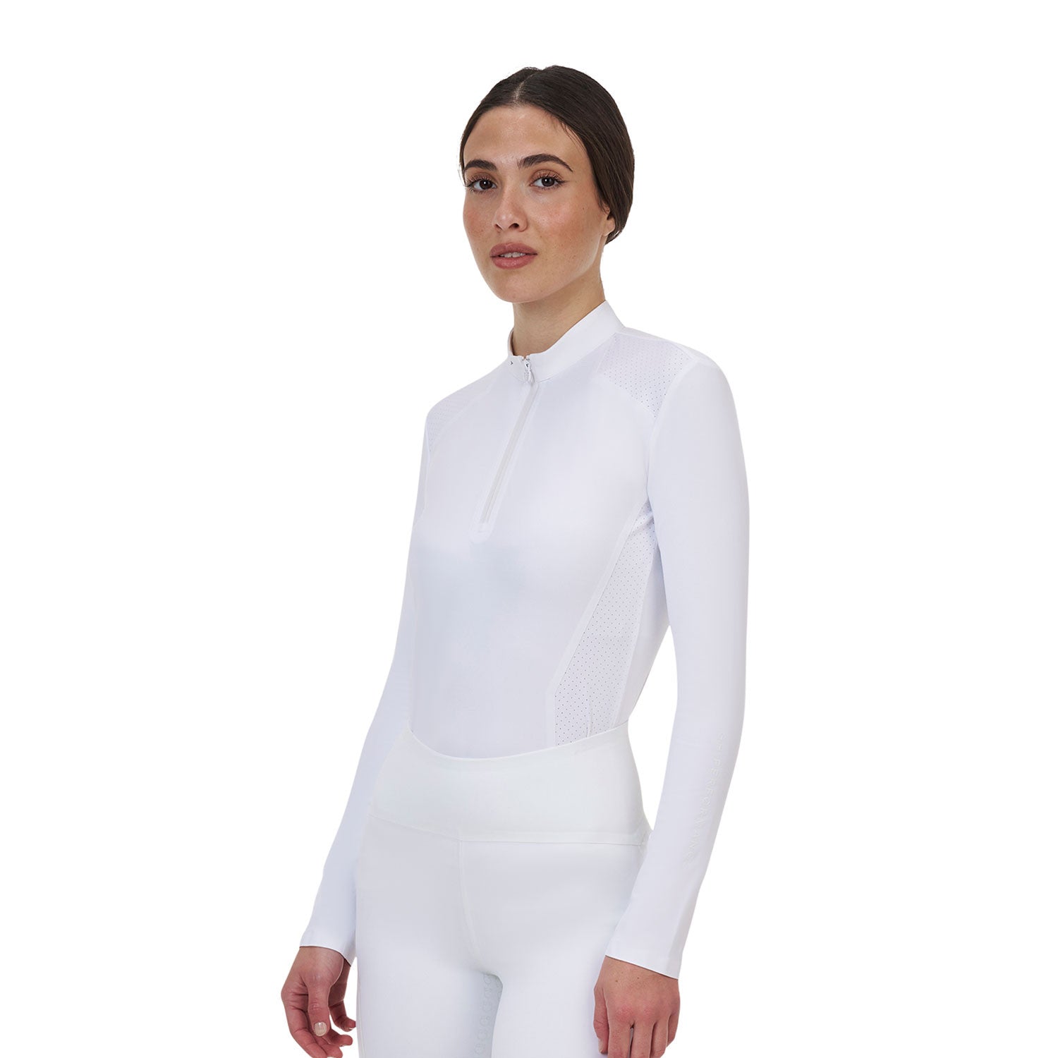 Polo concurso mujer Equestro Ridertechnology manga larga y cremallera - Blanco