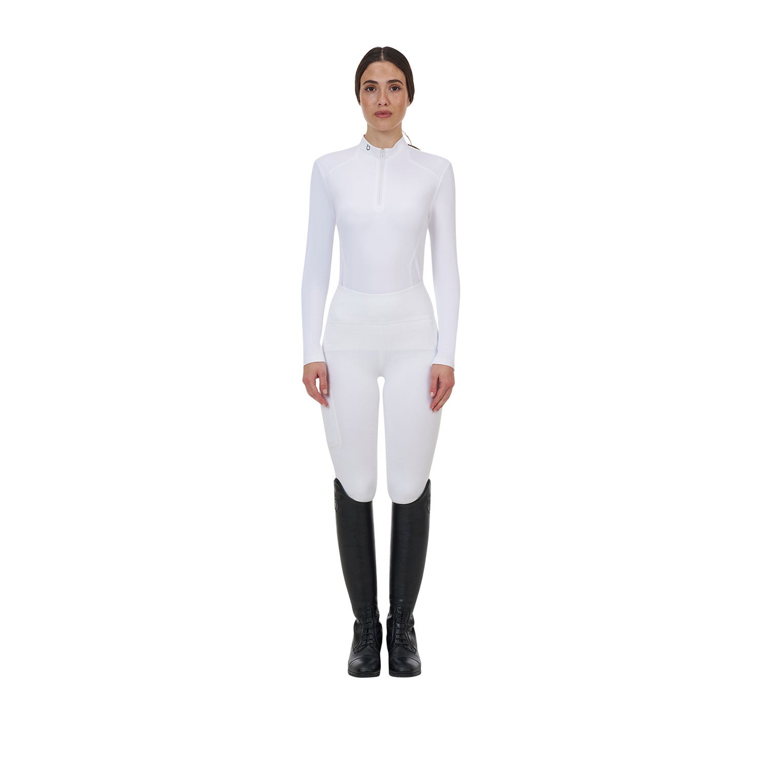 Polo concurso mujer Equestro Ridertechnology manga larga y cremallera - Blanco