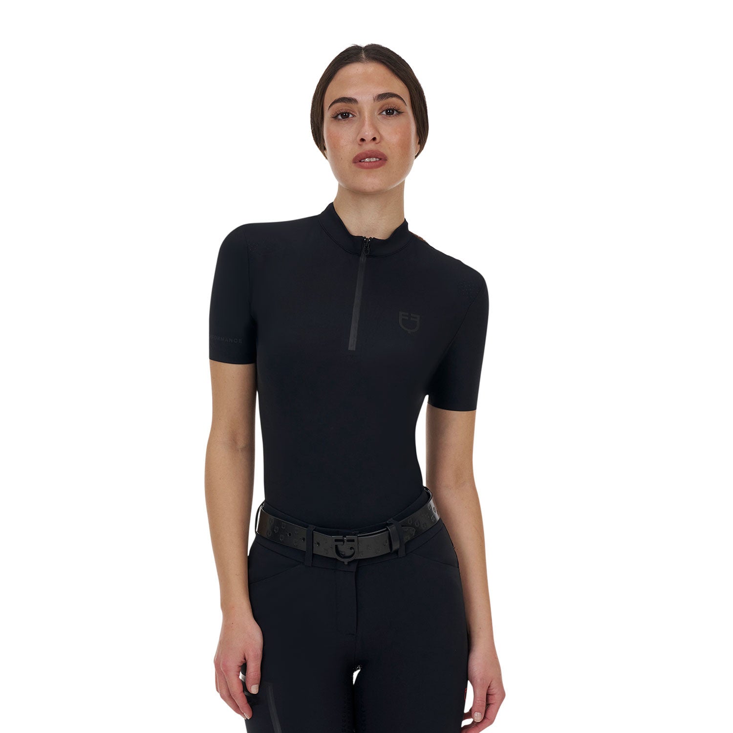 Polo de entrenamiento mujer Equestro Ridertechnology manga corta y cremallera