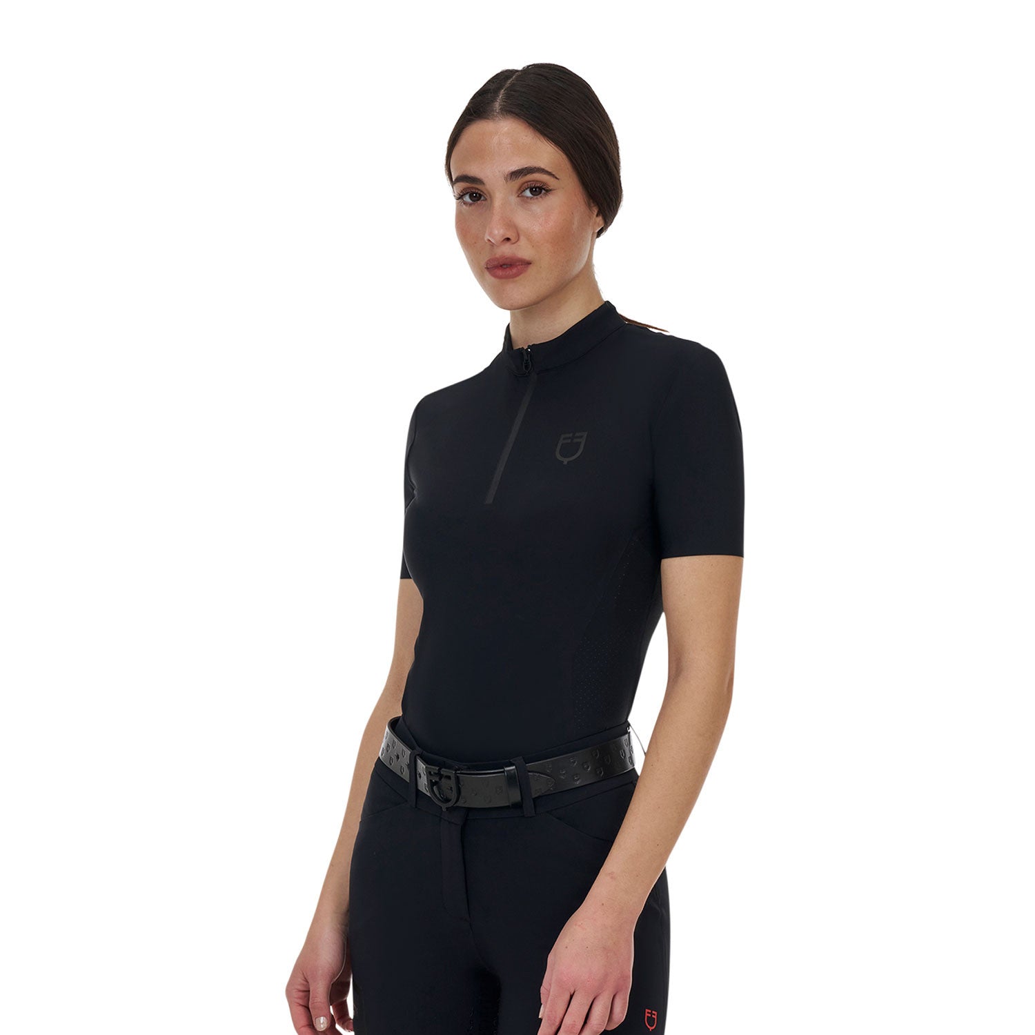 Polo de entrenamiento mujer Equestro Ridertechnology manga corta y cremallera - Negro