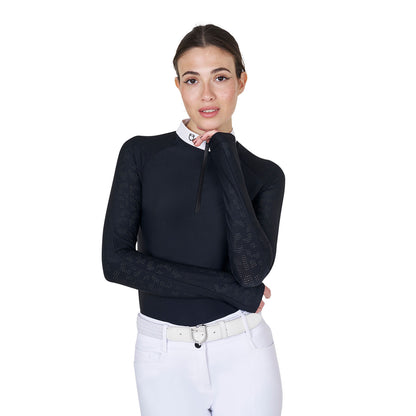 Polo de mujer slim fit de concurso con inserciones de malla Equestro - Negro