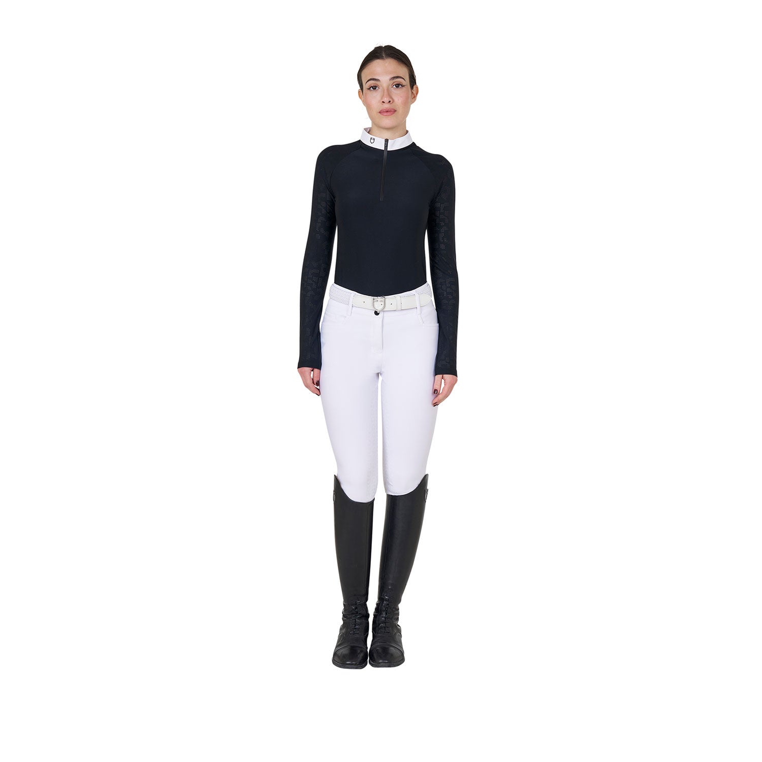 Polo de mujer slim fit de concurso con inserciones de malla Equestro - Negro