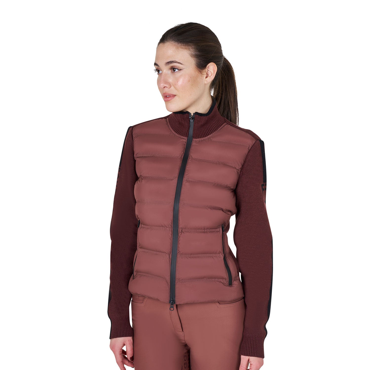 Chaqueta de mujer de nailon y punto con cremallera Equestro - Marron