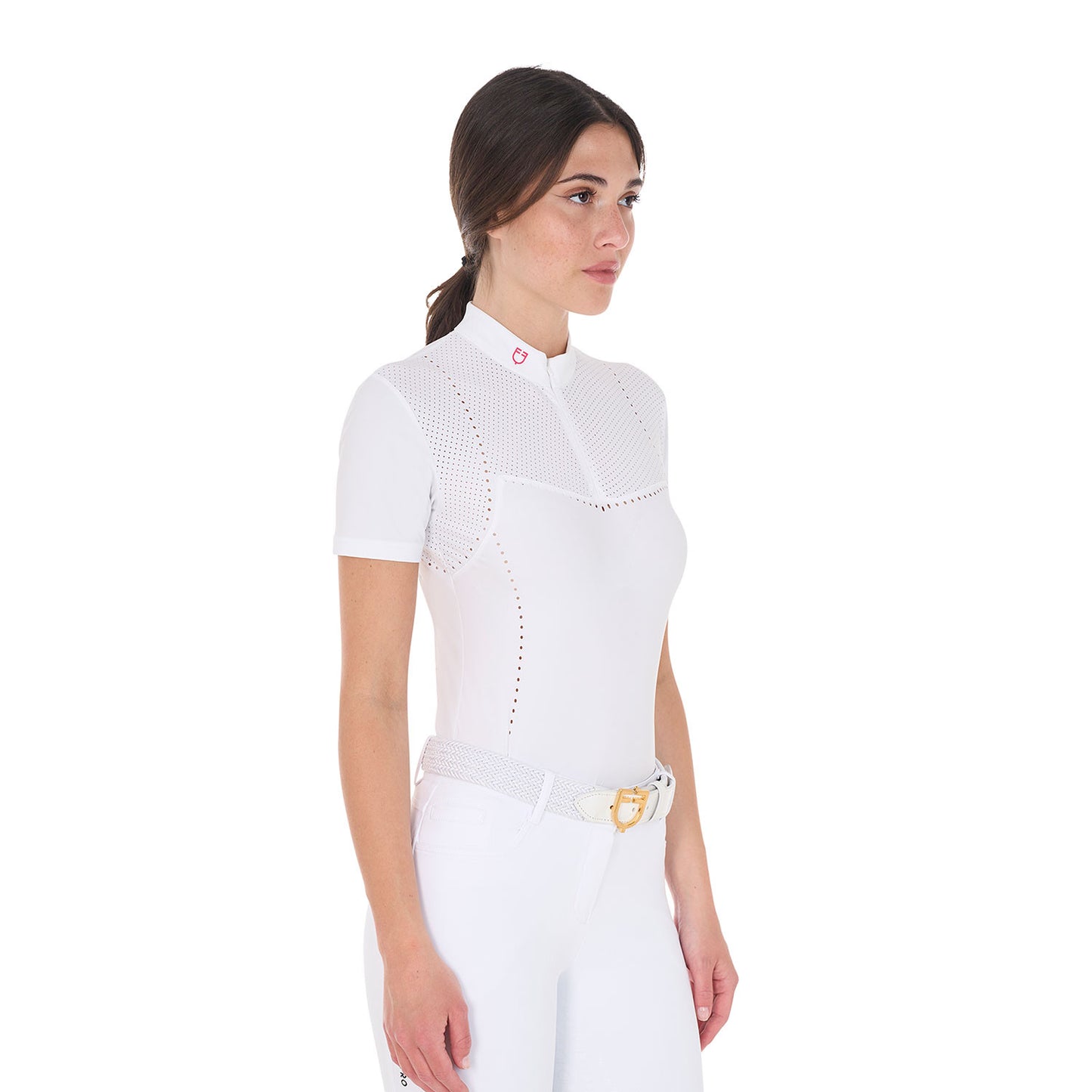 Polo de concurso mujer slim fit en tejido perforado y cremallera Equestro - White/Honeysuckle