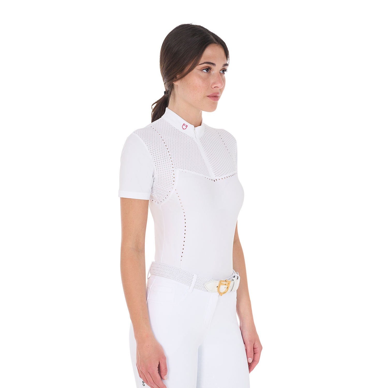 Polo de concurso mujer slim fit en tejido perforado y cremallera Equestro - White/Honeysuckle