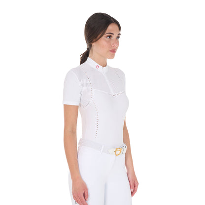 Polo de concurso mujer slim fit en tejido perforado y cremallera Equestro - White/Honeysuckle