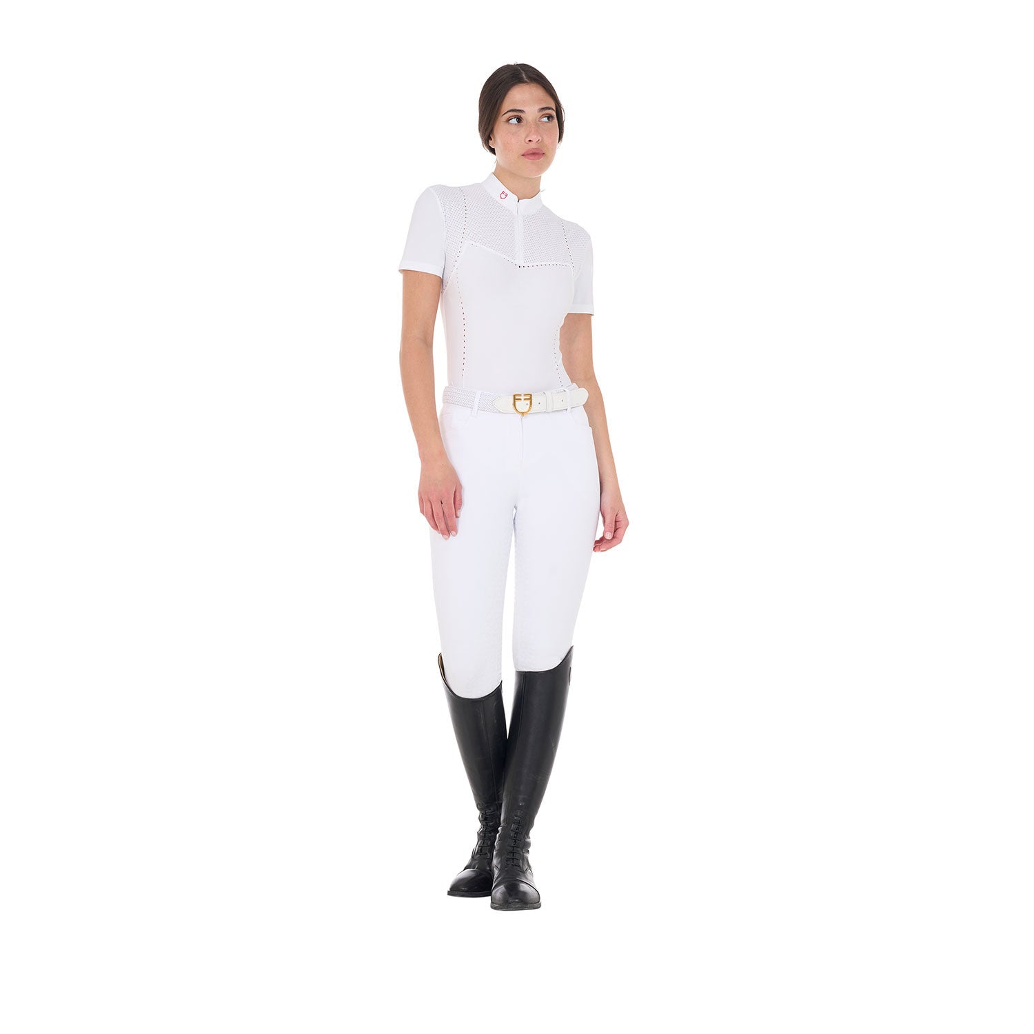 Polo de concurso mujer slim fit en tejido perforado y cremallera Equestro - White/Honeysuckle