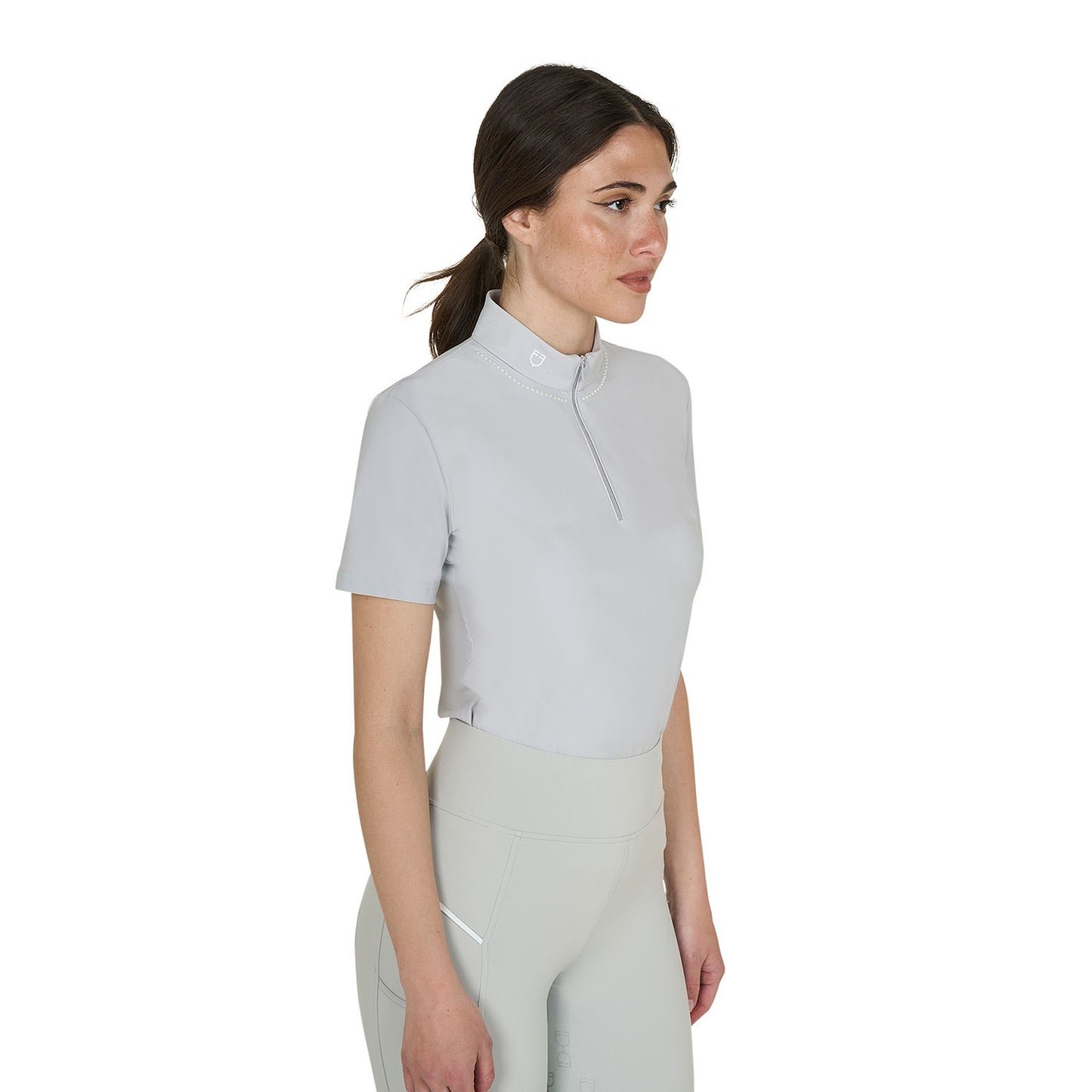 Polo de entrenamiento para mujer slim fit con cremallera y perlas en el cuello Equestro - Harbor Mist