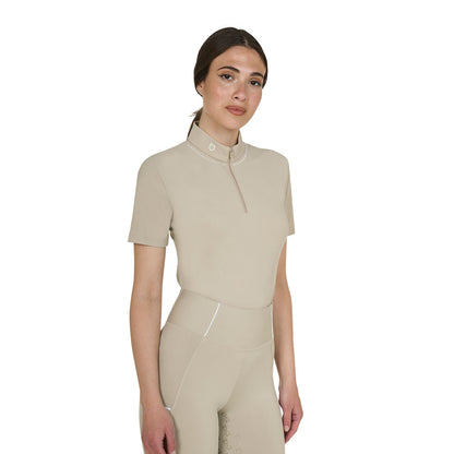 Polo de entrenamiento para mujer slim fit con cremallera y perlas en el cuello Equestro - Oxford Tan