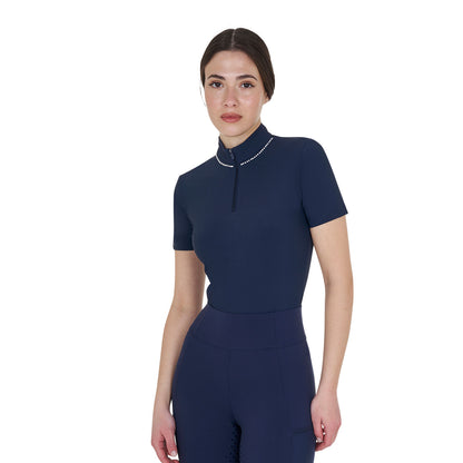 Polo de entrenamiento para mujer slim fit con cremallera y perlas en el cuello Equestro - Navy Blazer