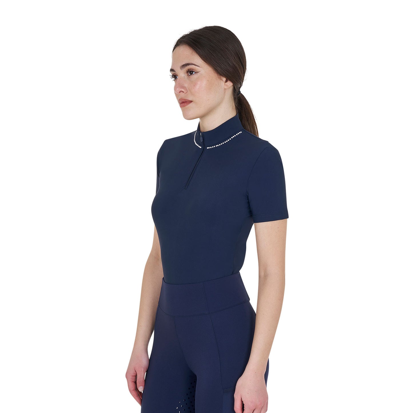 Polo de entrenamiento para mujer slim fit con cremallera y perlas en el cuello Equestro - Navy Blazer