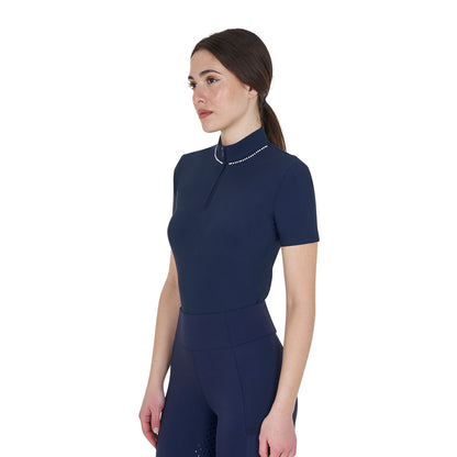 Polo de entrenamiento para mujer slim fit con cremallera y perlas en el cuello Equestro - Navy Blazer