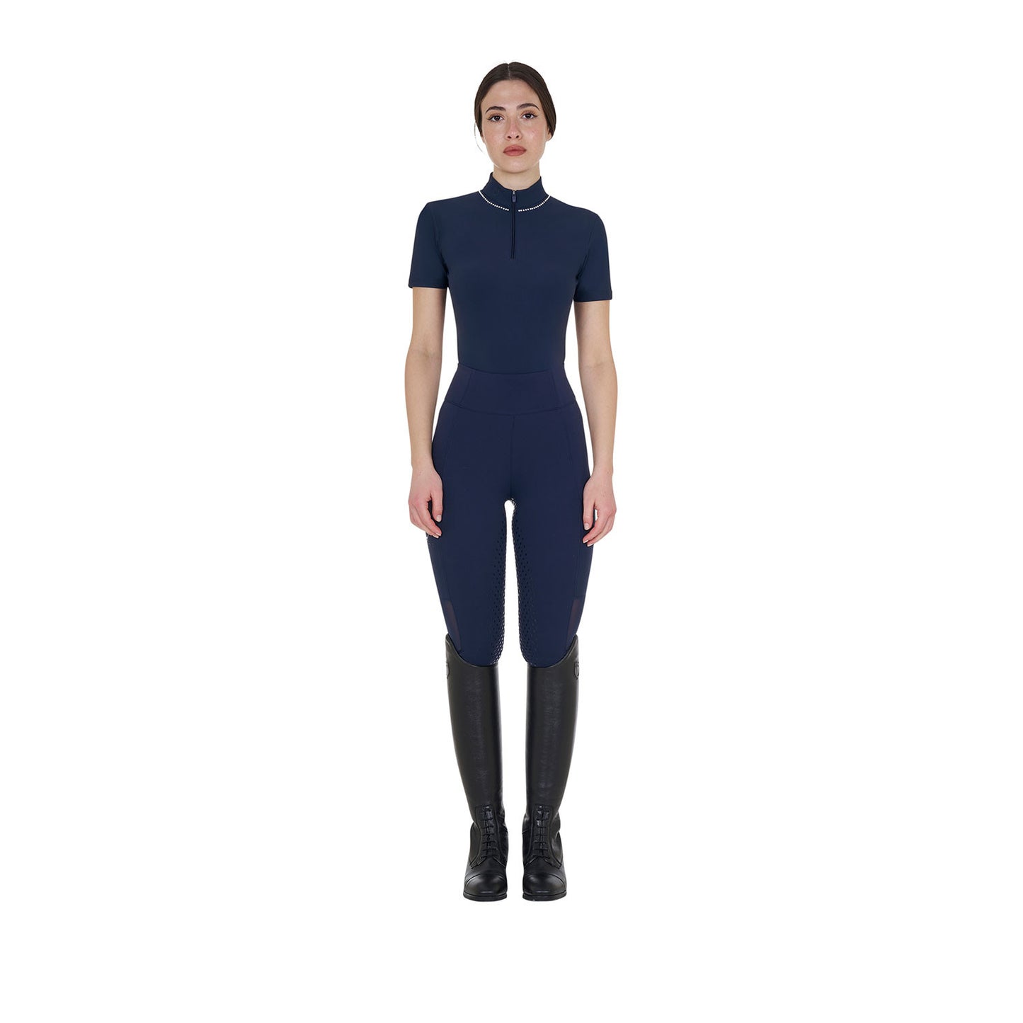 Polo de entrenamiento para mujer slim fit con cremallera y perlas en el cuello Equestro - Navy Blazer